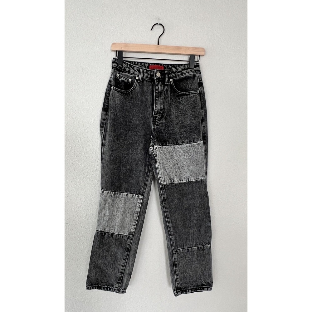 Signature8 Black Gray Straight Leg Colorblock Patch Jeans Whimsigoth Punk Small